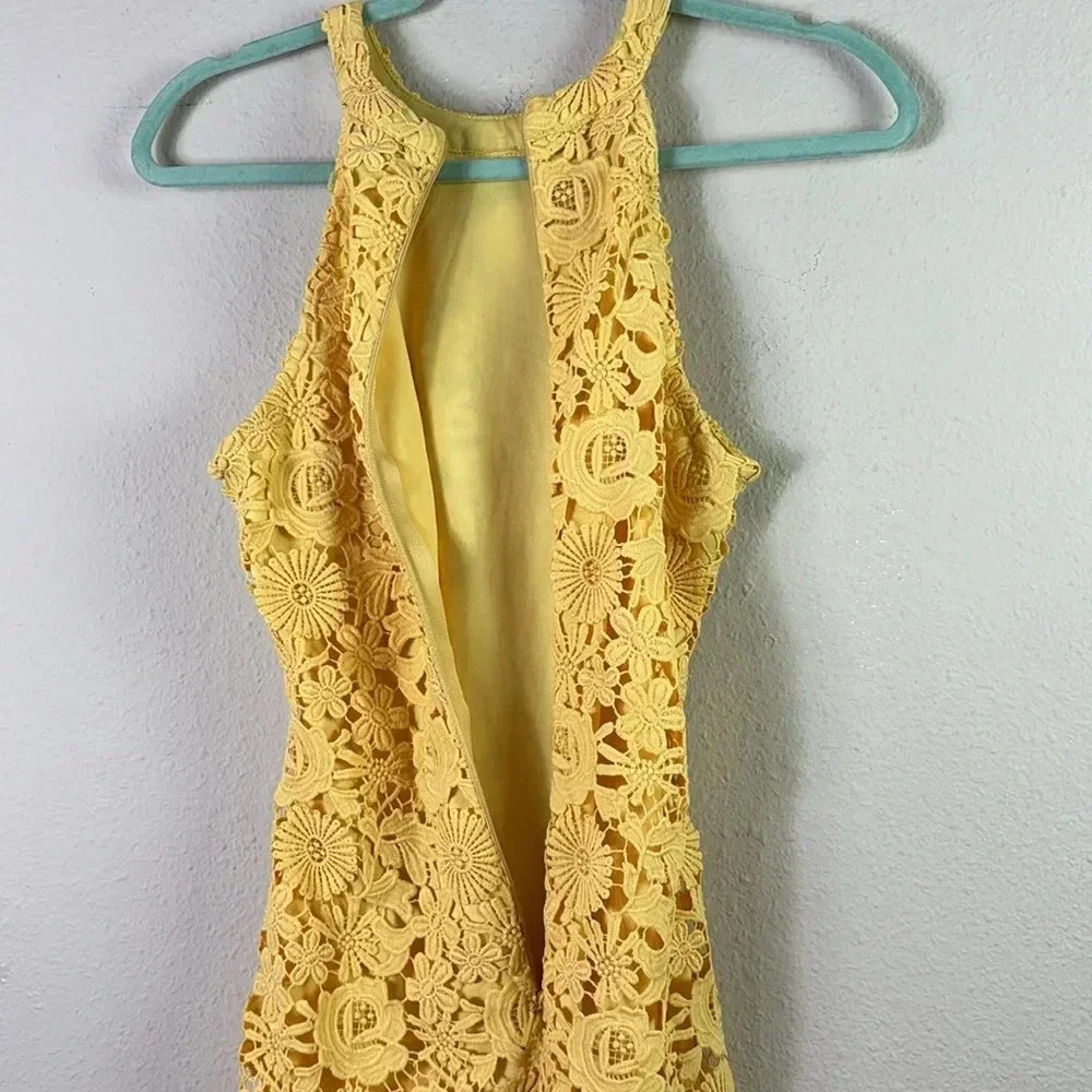 Lulus Love Poem Yellow Lace Eyelet Mini Dress Halter Neck size M - lined - Picture 9 of 16